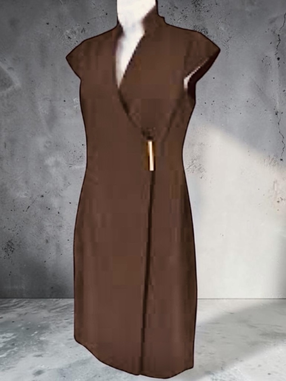 Calvin Klein Brown Cap-Sleeve Wrap Midi Dress with Gold Accent